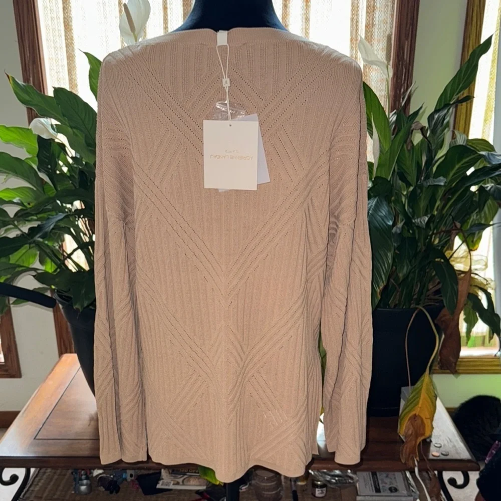 Adrienne Landau Cream Tan Crew Neck Sweater with Textured Knit
